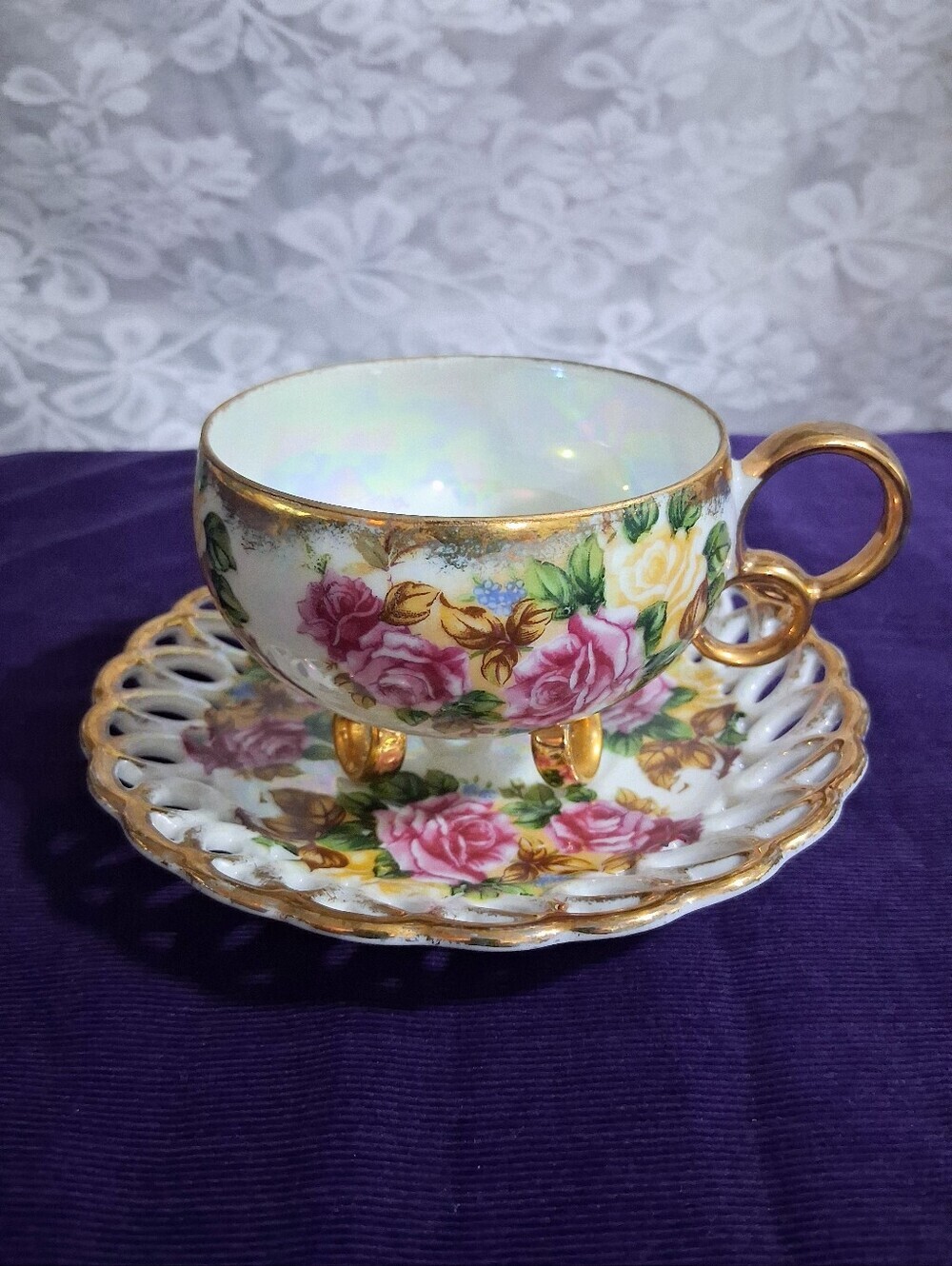 Vintage Royal Sealy China Three-Footed Tea Cup and Reticulated Saucer Set